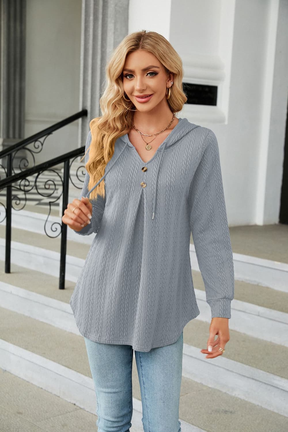 Buy cloudy-blue Long Sleeve Hooded Blouse