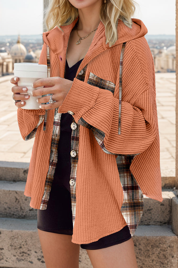 Buy caramel Plaid Waffle-Knit Drawstring Hooded Jacket