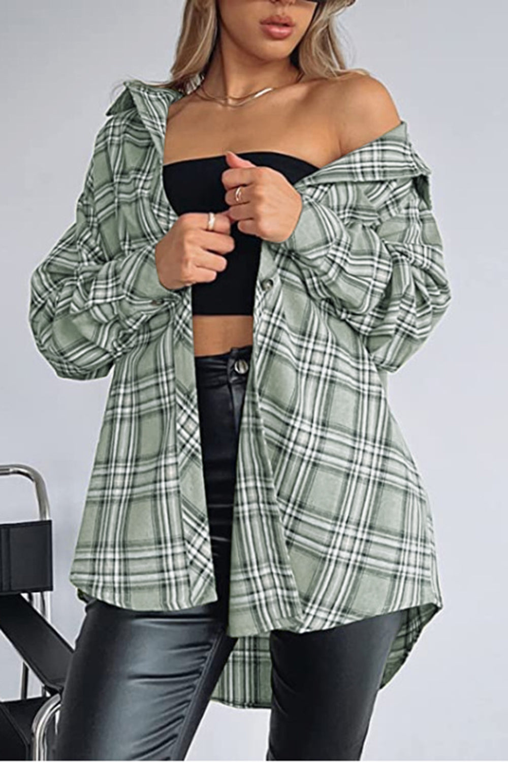 Buy gum-leaf Plaid Collared Neck Long Sleeve Shirt