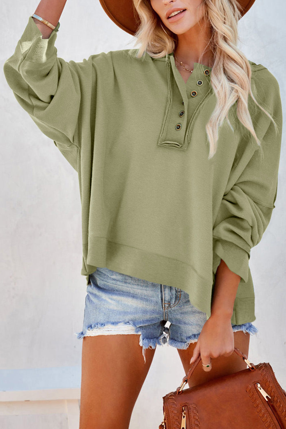 Buy mist-green Quarter-Button Exposed Seam Dropped Shoulder Hoodie