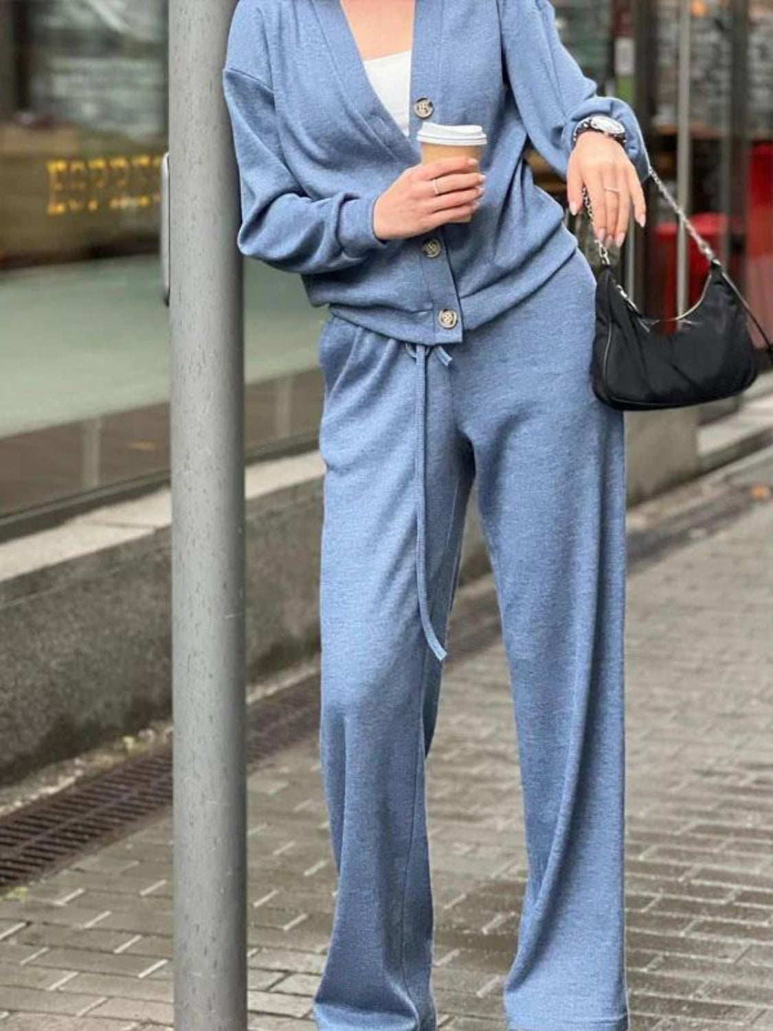 Buy dusty-blue Full Size Button Up Long Sleeve Top and Pants Set