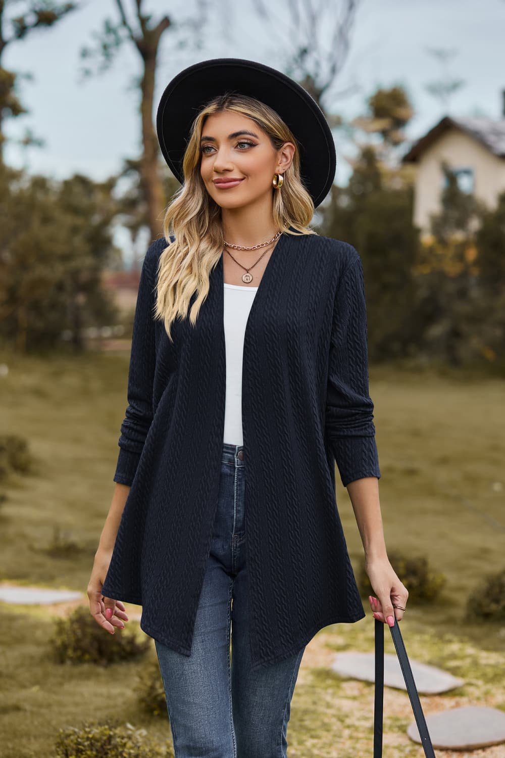 Buy dark-blue Open Front Long Sleeve Cardigan