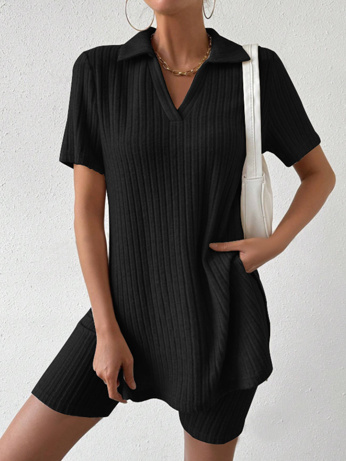 Buy black Johnny Collar Short Sleeve Top and Shorts Set