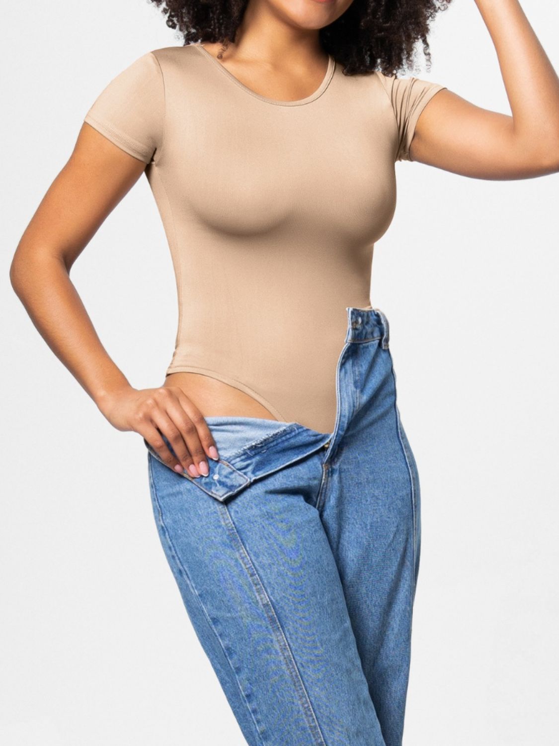 Buy tan Full Size Round Neck Short Sleeve Bodysuit