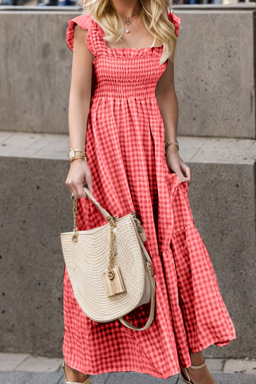 Buy hot-pink Full Size Smocked Ruffled Plaid Ruffle Hem Dress