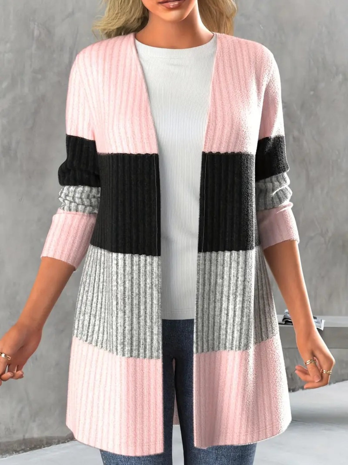 Buy blush-pink Color Block Open Front Long Sleeve Cardigan