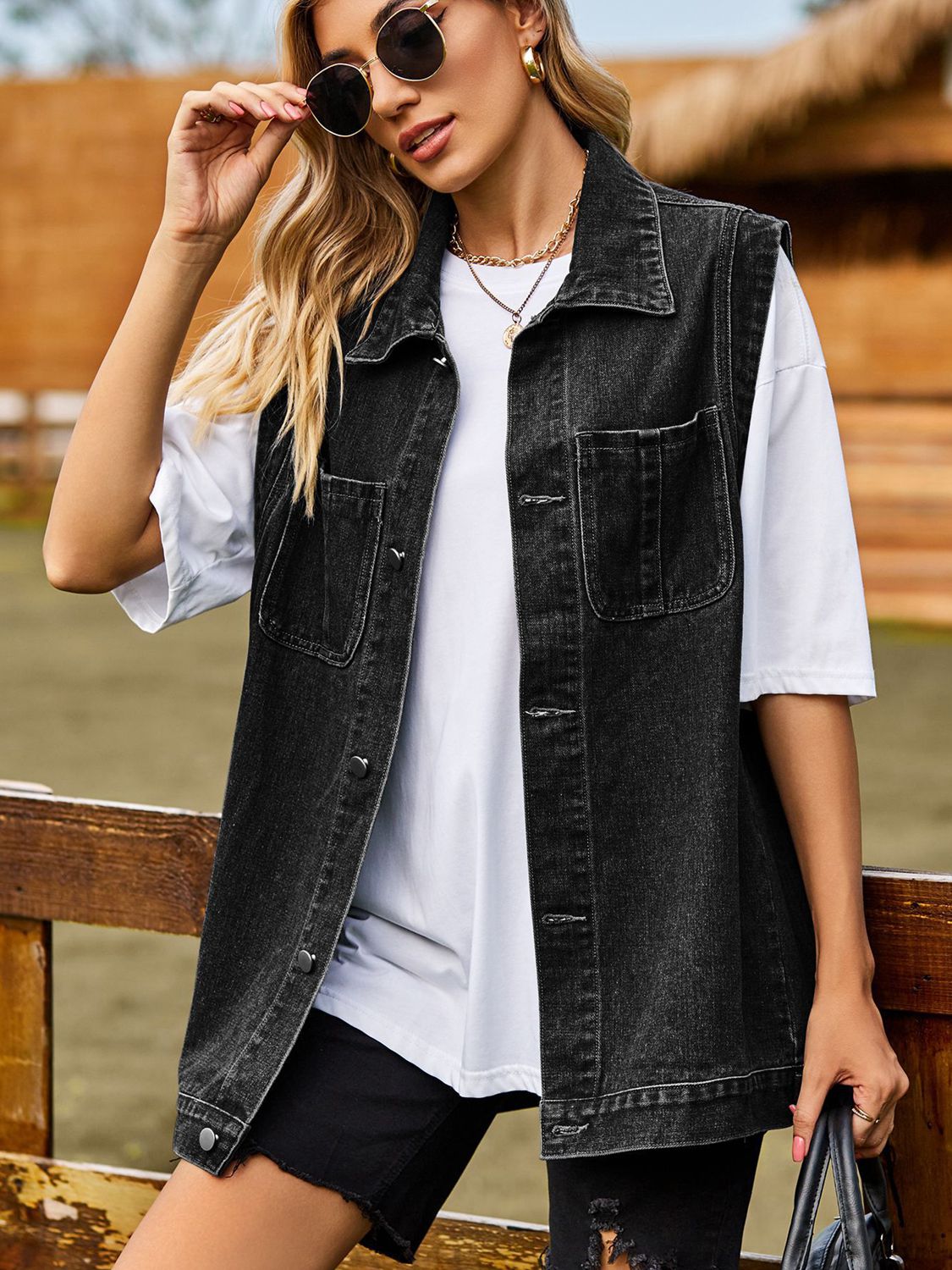 Buy dark-gray Button Down Denim Vest