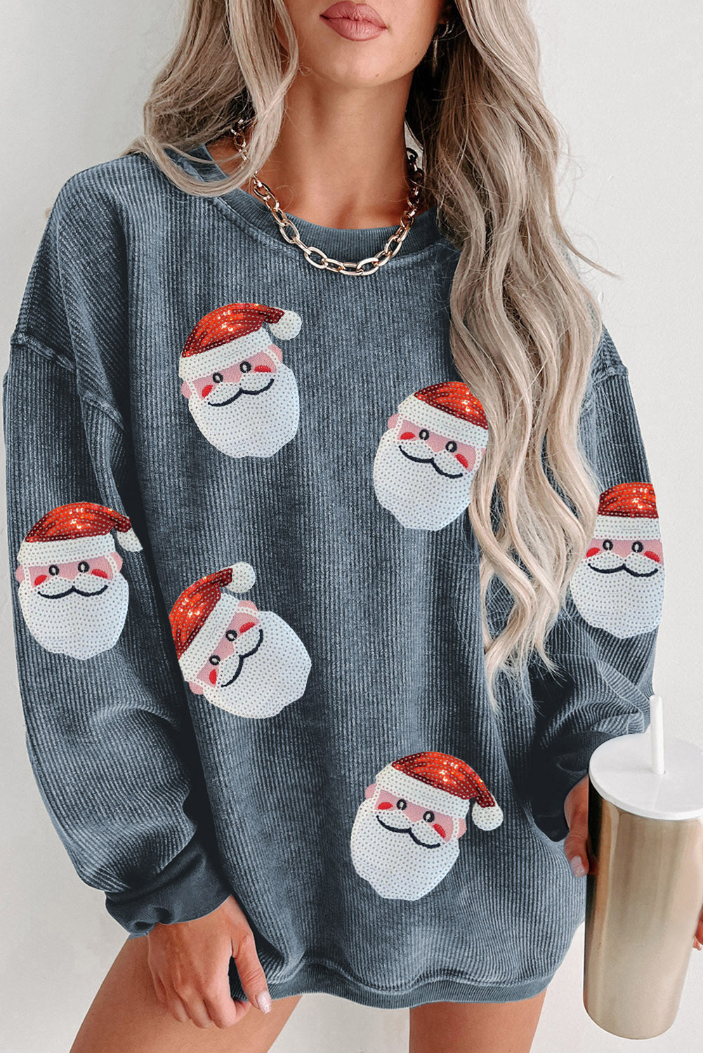 Buy misty-blue Sequin Santa Patch Ribbed Sweatshirt