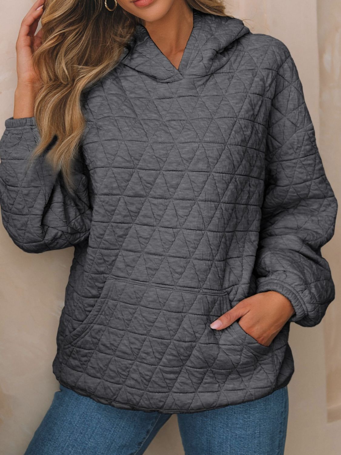 Buy dark-gray Textured Long Sleeve Hoodie with Pockets