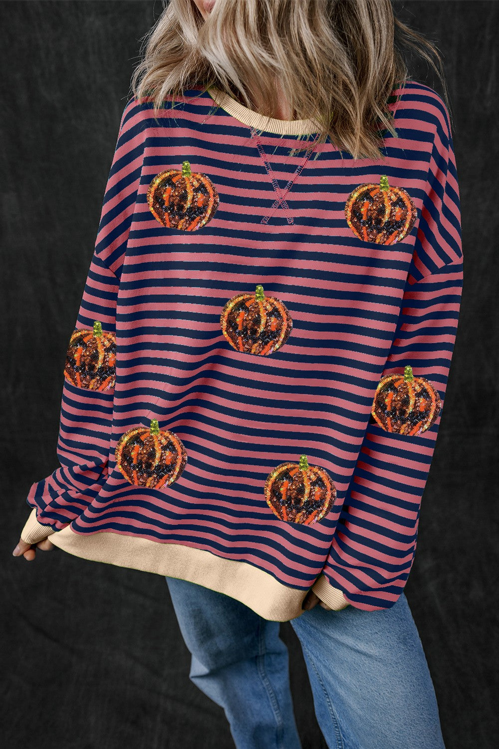 Buy dusty-pink Pumpkin Striped Round Neck Long Sleeve Sweatshirt