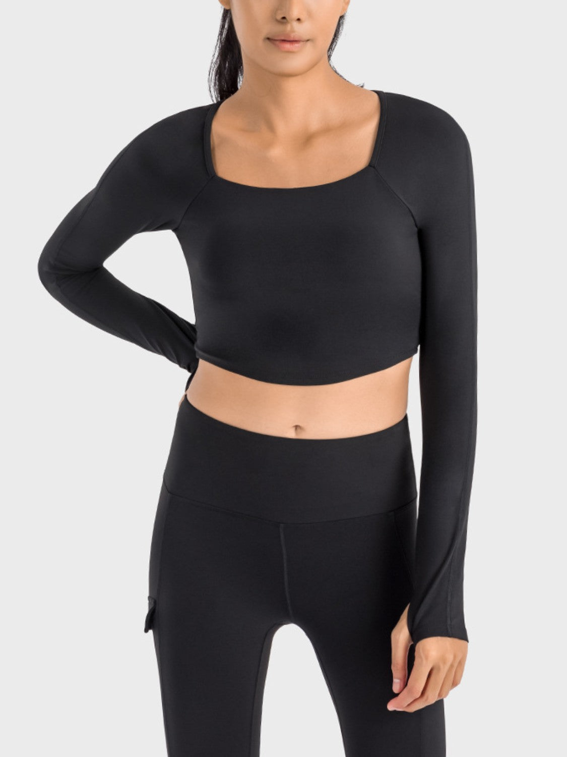 Buy black Millennia Square Neck Long Sleeve Cropped Sports Top