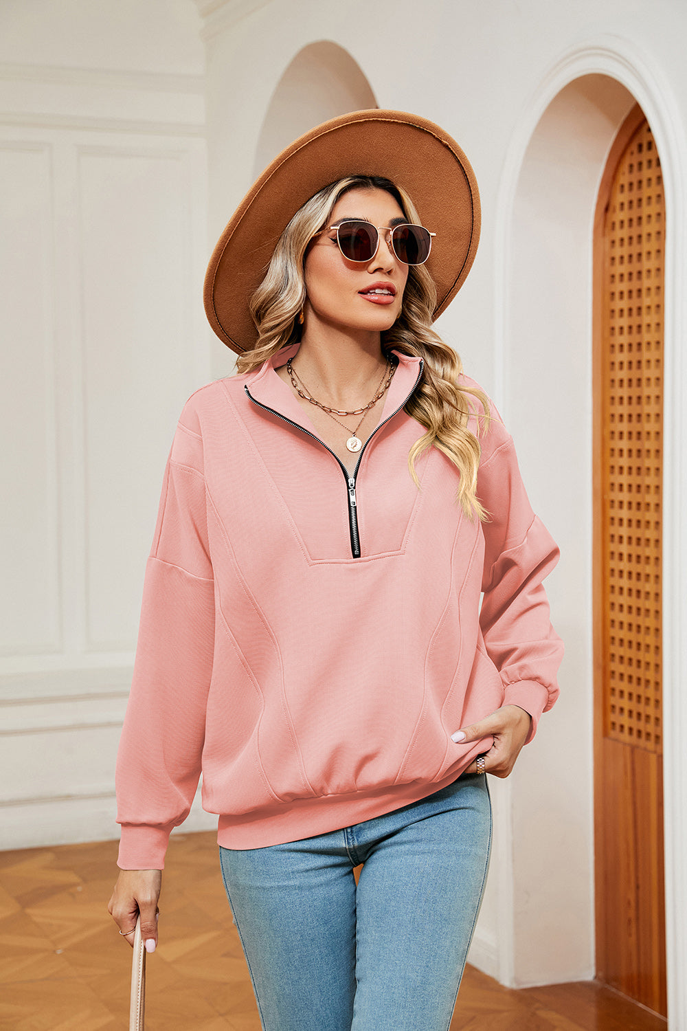 Buy peach Half-Zip Dropped Shoulder Sweatshirt