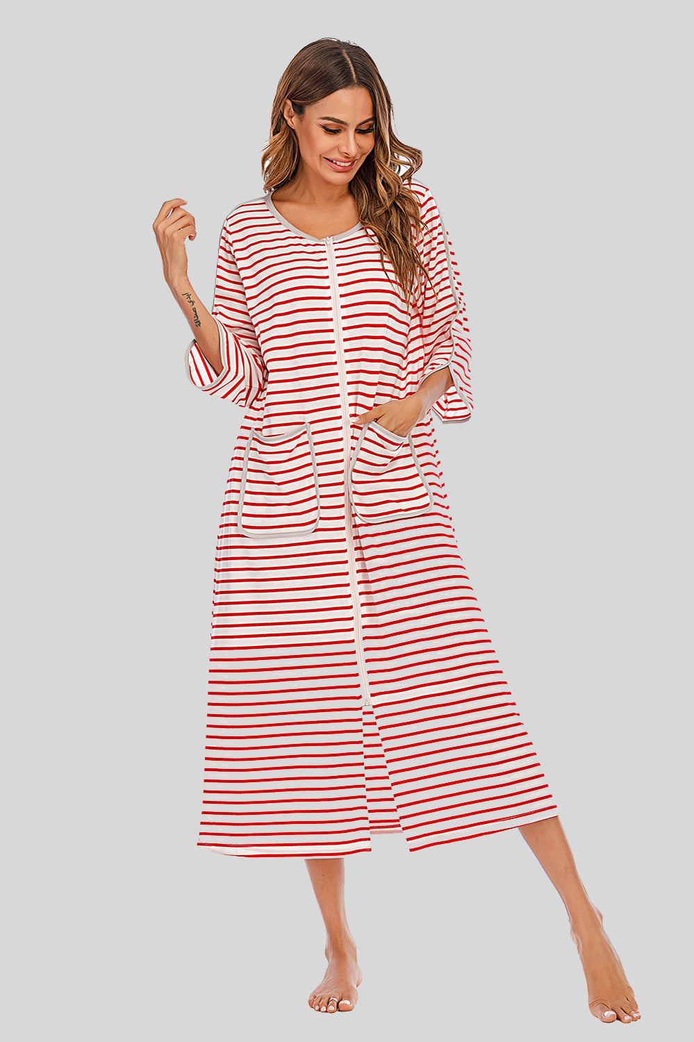 Buy red Round Neck Three-Quarter Sleeve Midi Night Dress