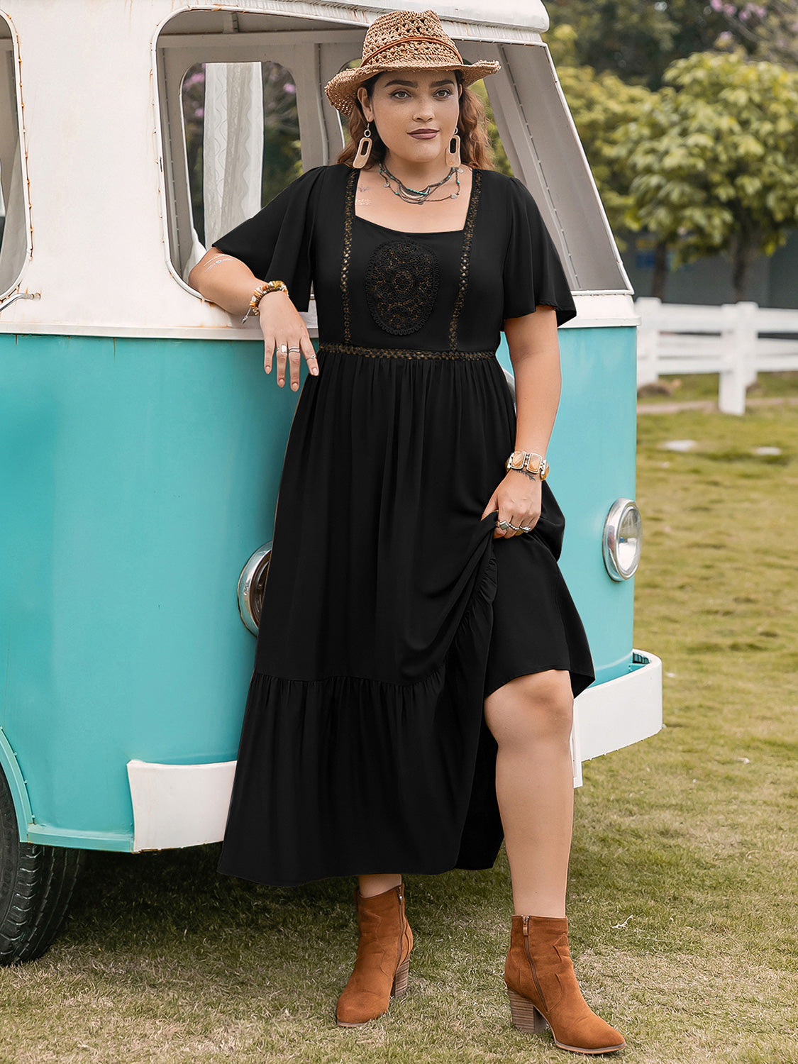 Buy black Plus Size Square Neck Short Sleeve Ruffle Hem Dress