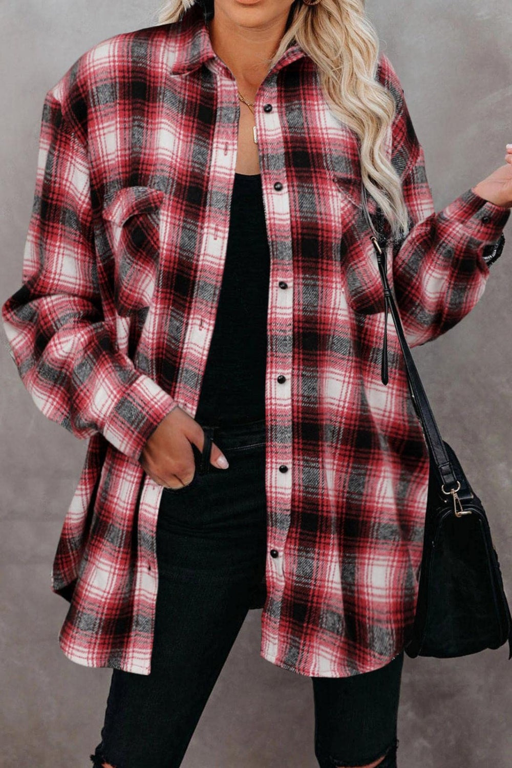 Buy deep-red Full Size Plaid Collared Neck Long Sleeve Shirt