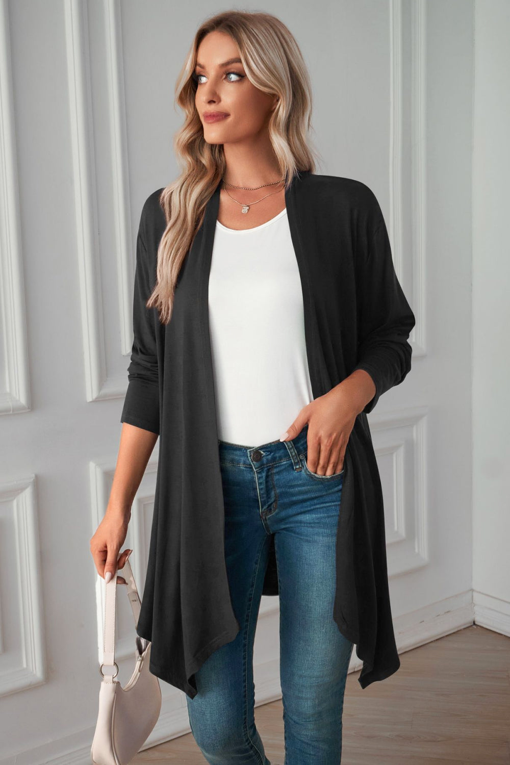 Buy black Open Front Long Sleeve Cardigan