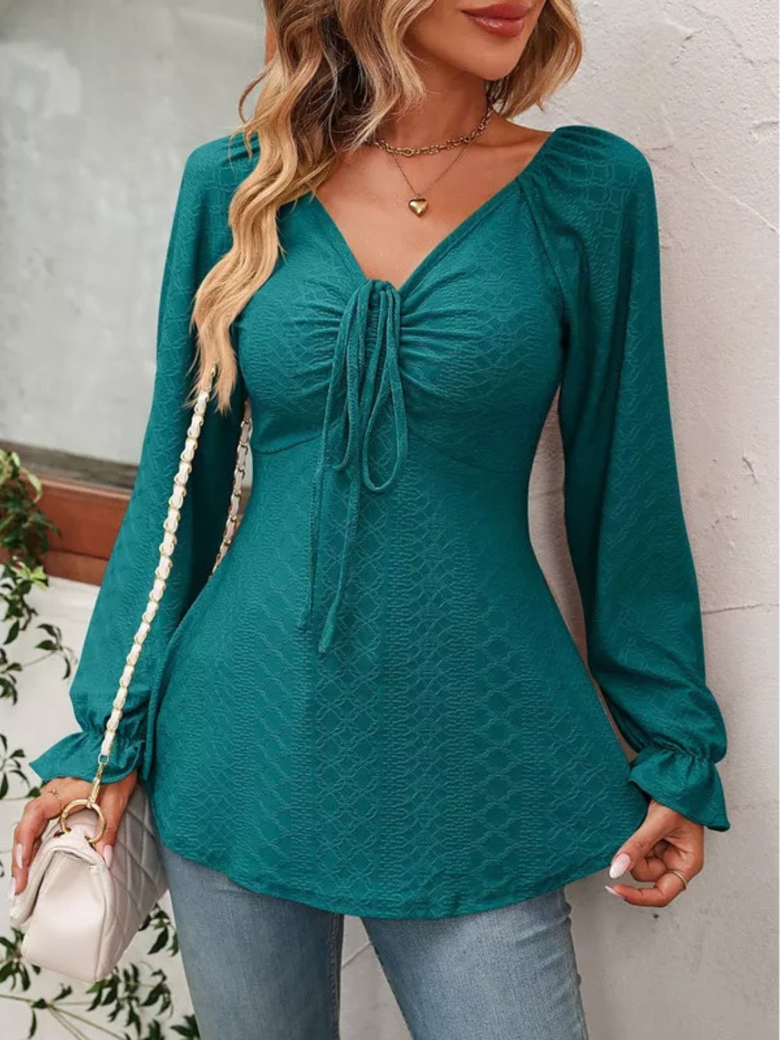 Buy french-blue Full Size Drawstring Ruffled V-Neck Long Sleeve Blouse