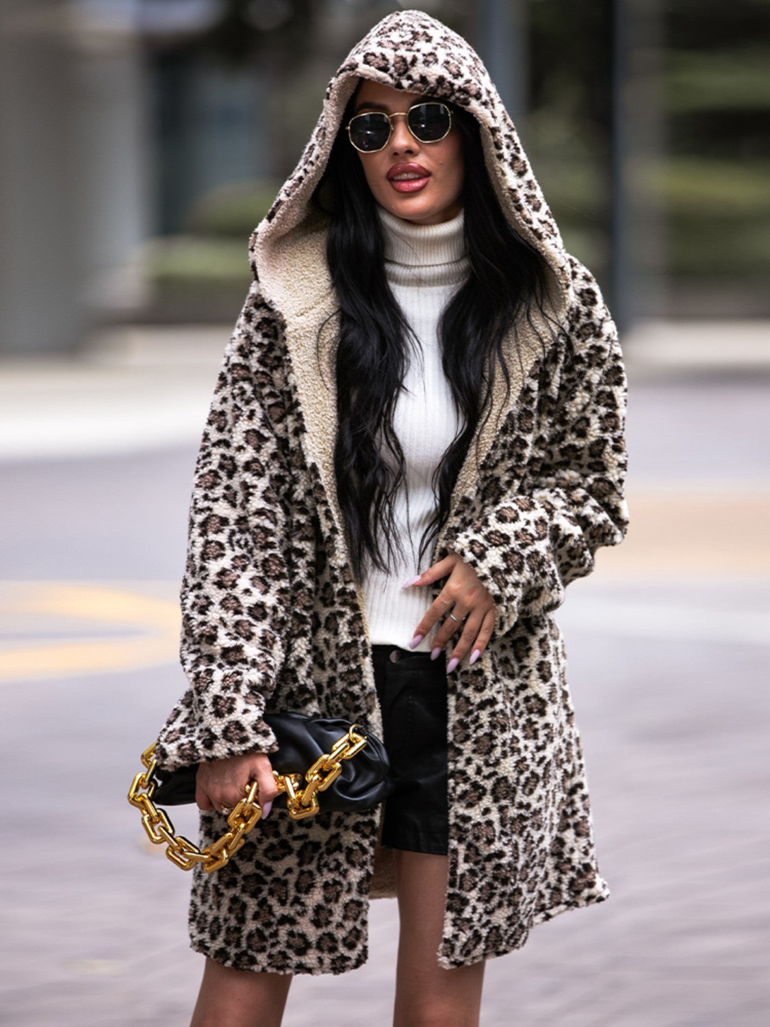 Shiny Leopard Hooded Coat with Pockets