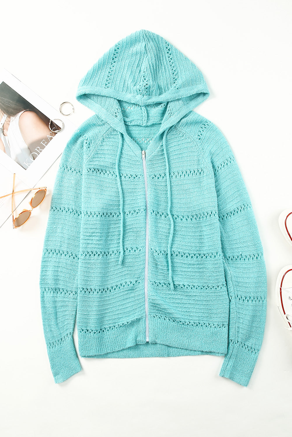 Buy pastel-blue Zip-Up Raglan Sleeve Openwork Hooded Cardigan