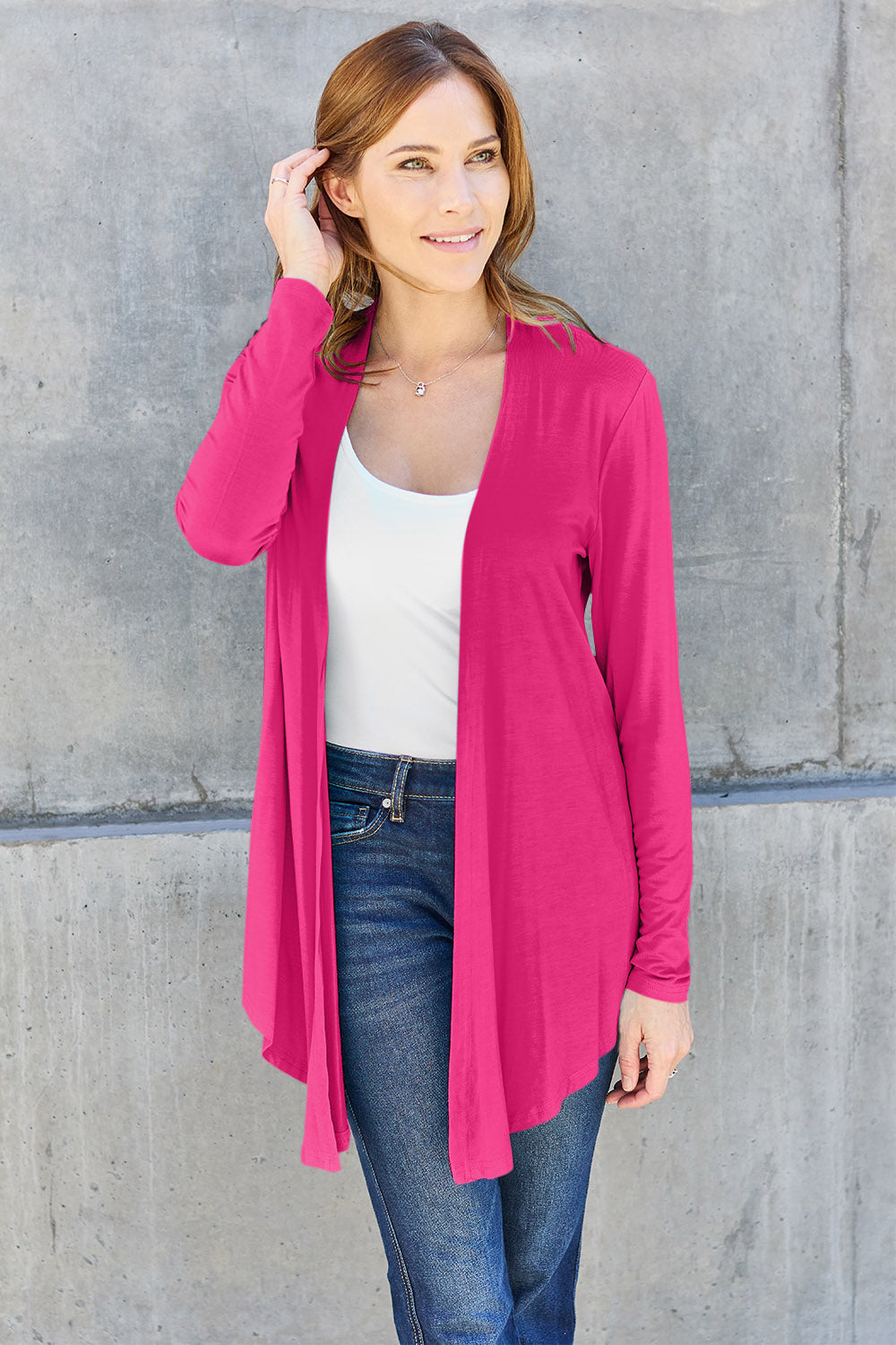 Buy hot-pink Basic Bae Full Size Open Front Long Sleeve Cardigan