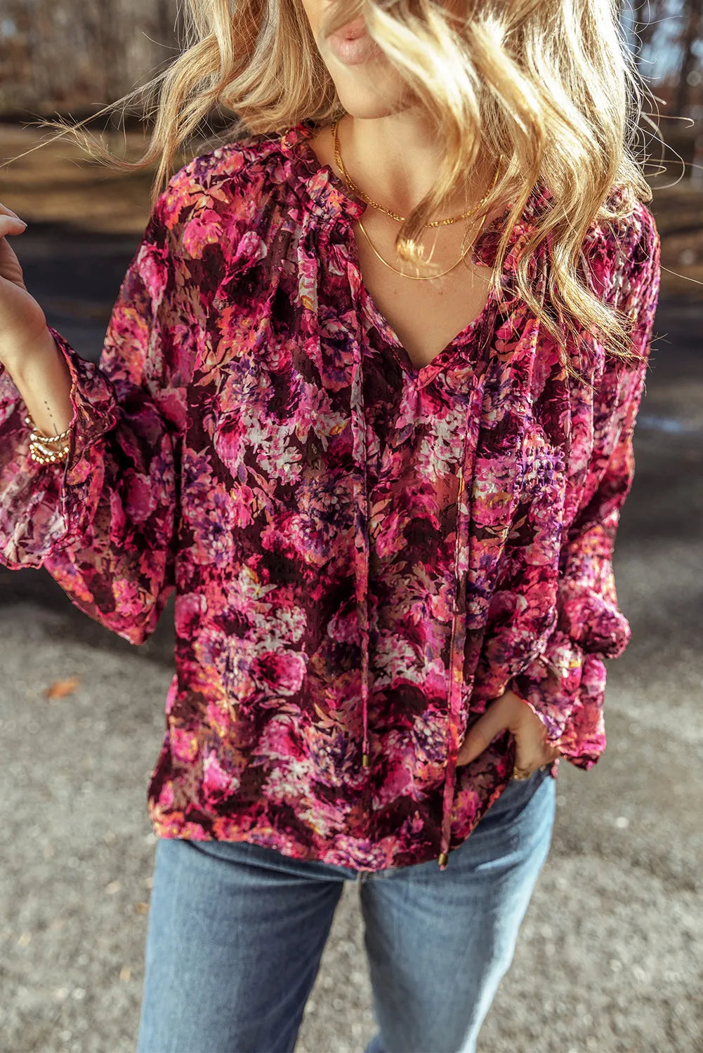 Printed Tie Neck Flounce Sleeve Blouse