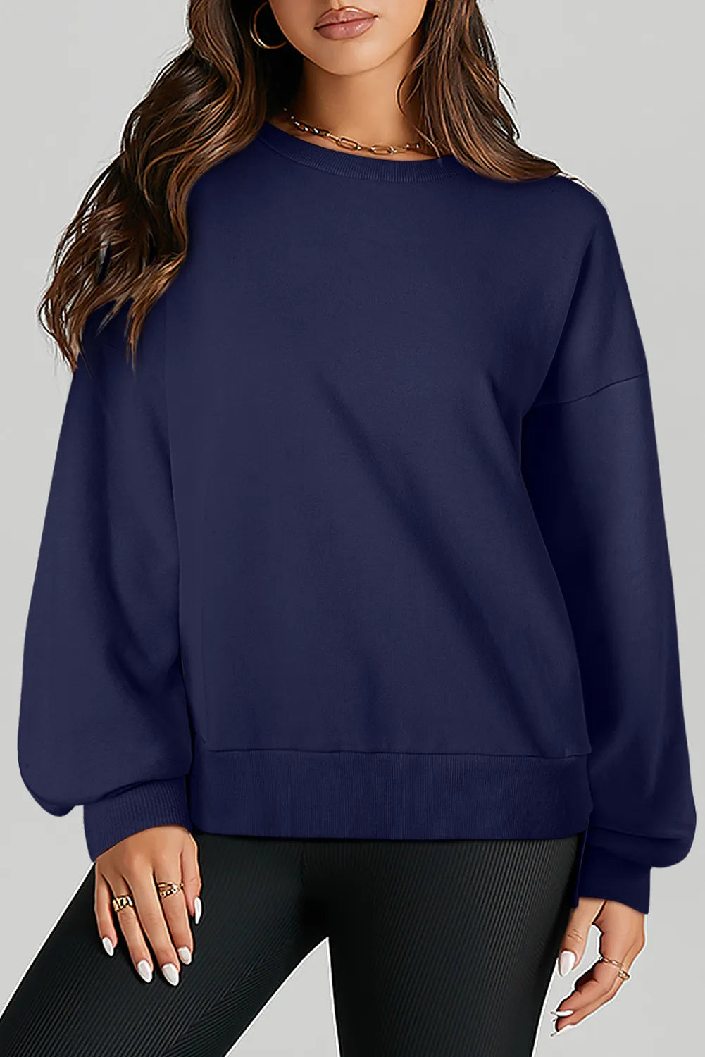 Buy dark-navy High-Low Round Neck Long Sleeve Sweatshirt