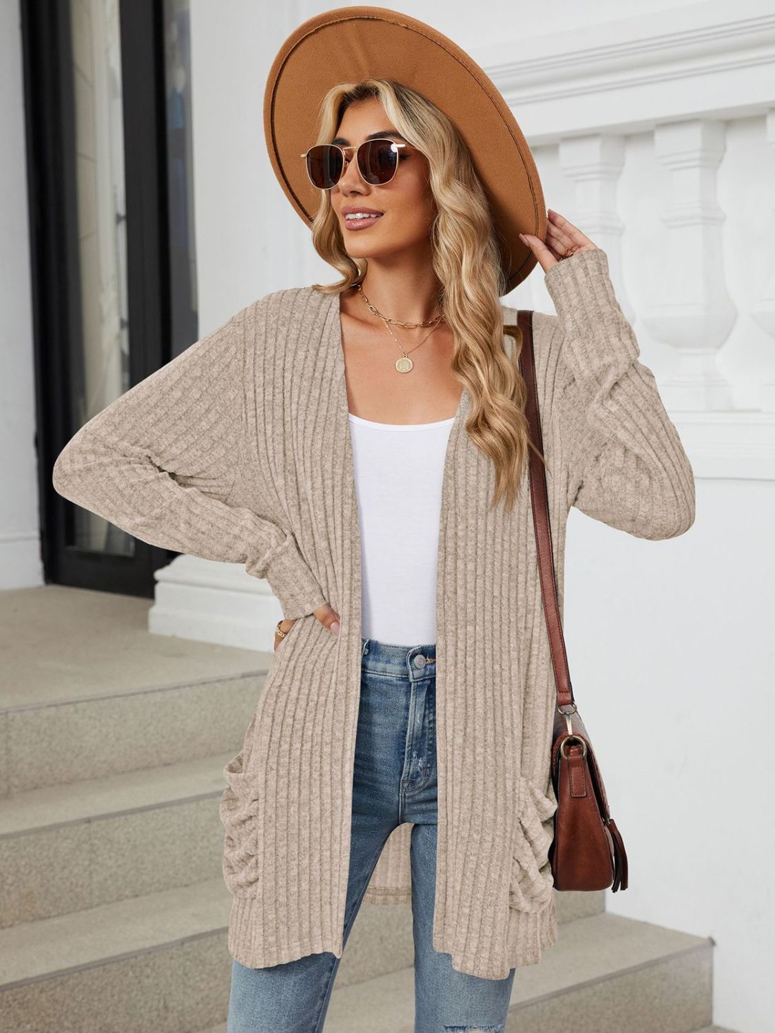 Buy khaki Pocketed Open Front Long Sleeve Cardigan