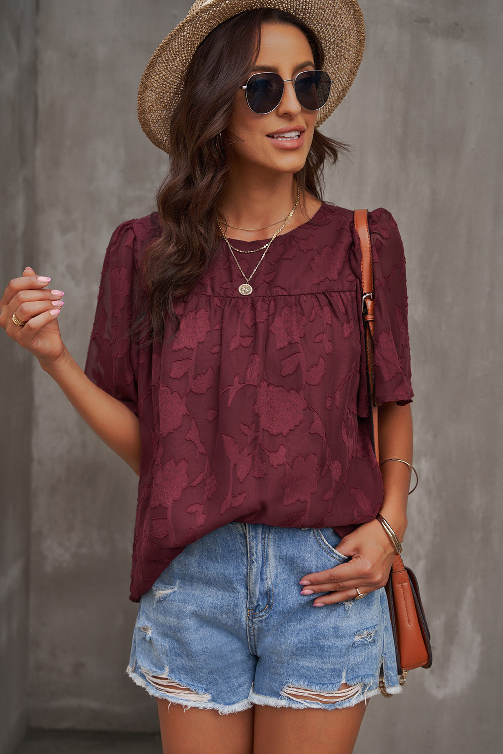 Buy wine Round Neck Puff Sleeve Blouse