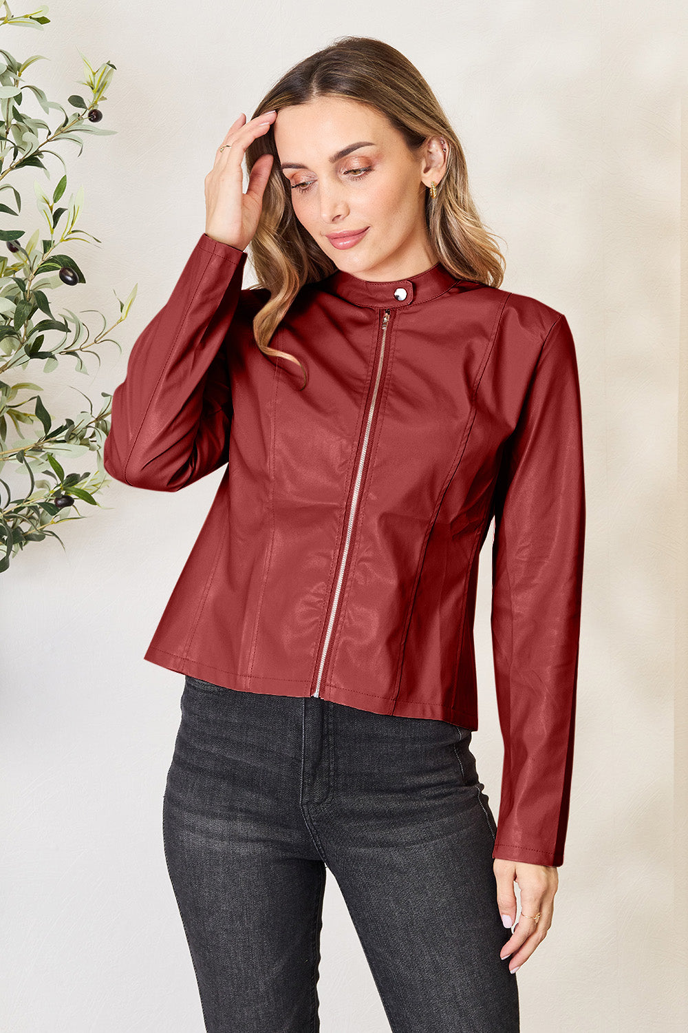 Buy wine Mock Neck Zip Up Jacket