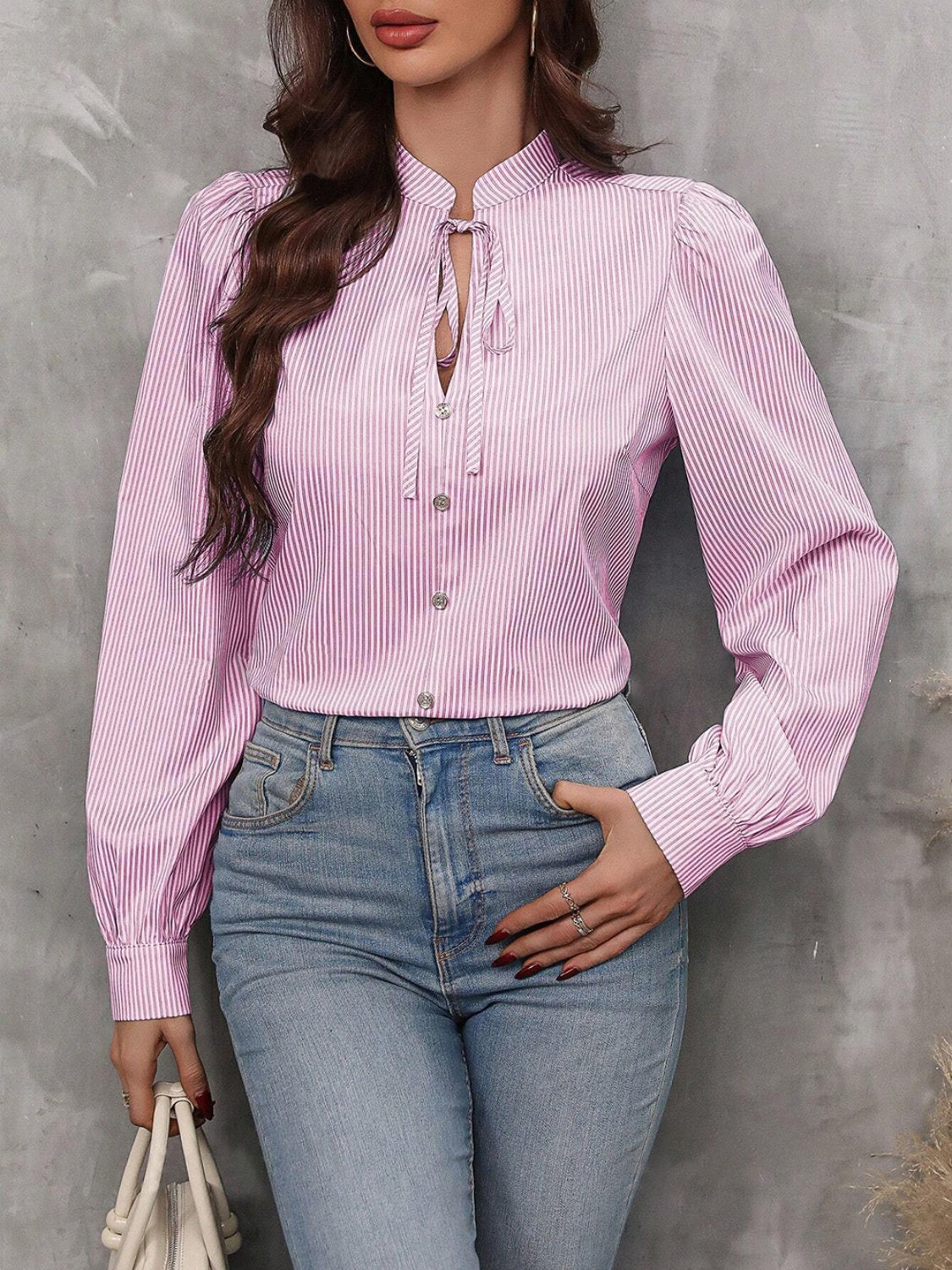 Buy pink Striped Tie Neck Long Sleeve Blouse