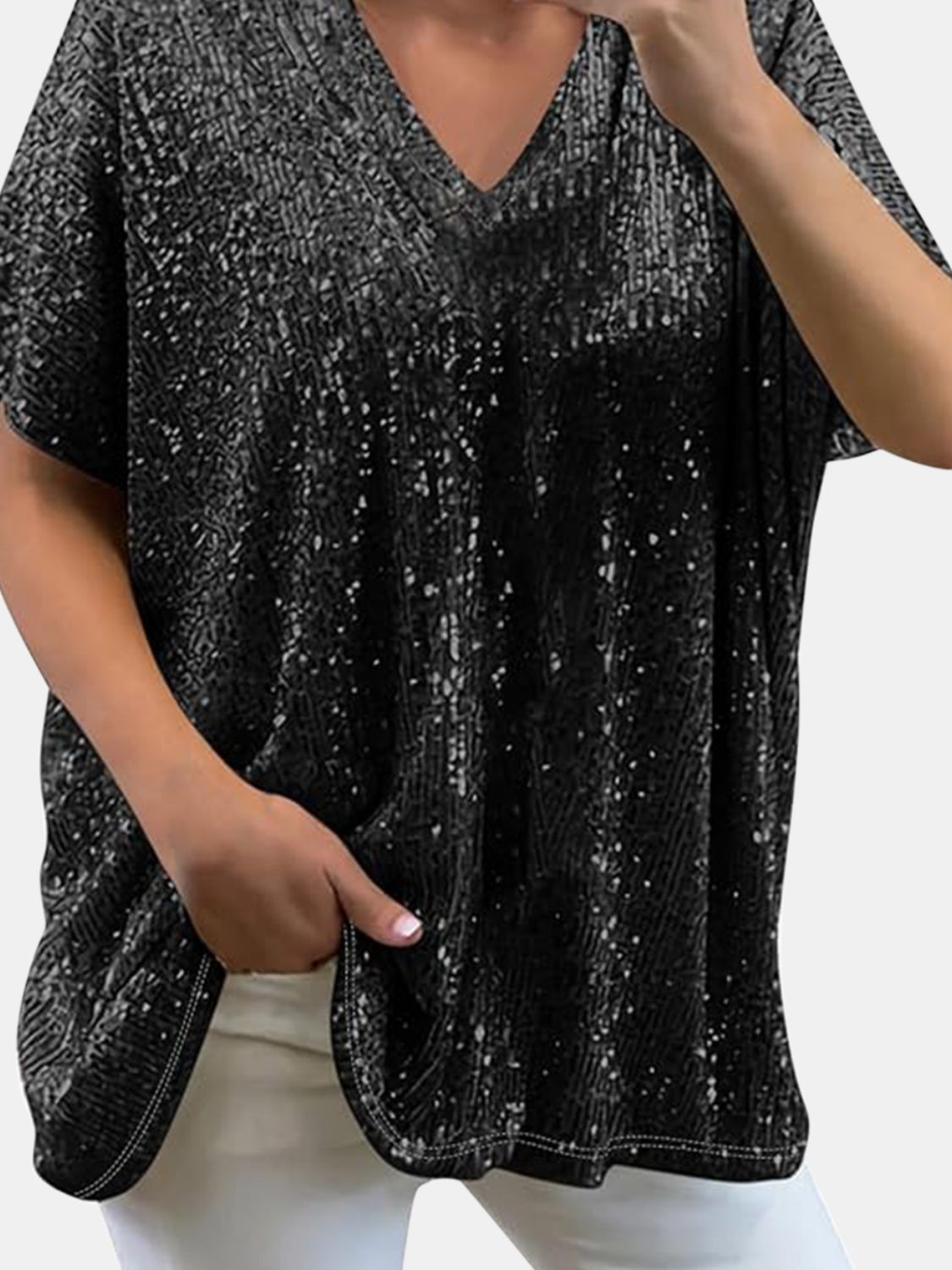 Buy black Full Size Sequin V-Neck Short Sleeve Top