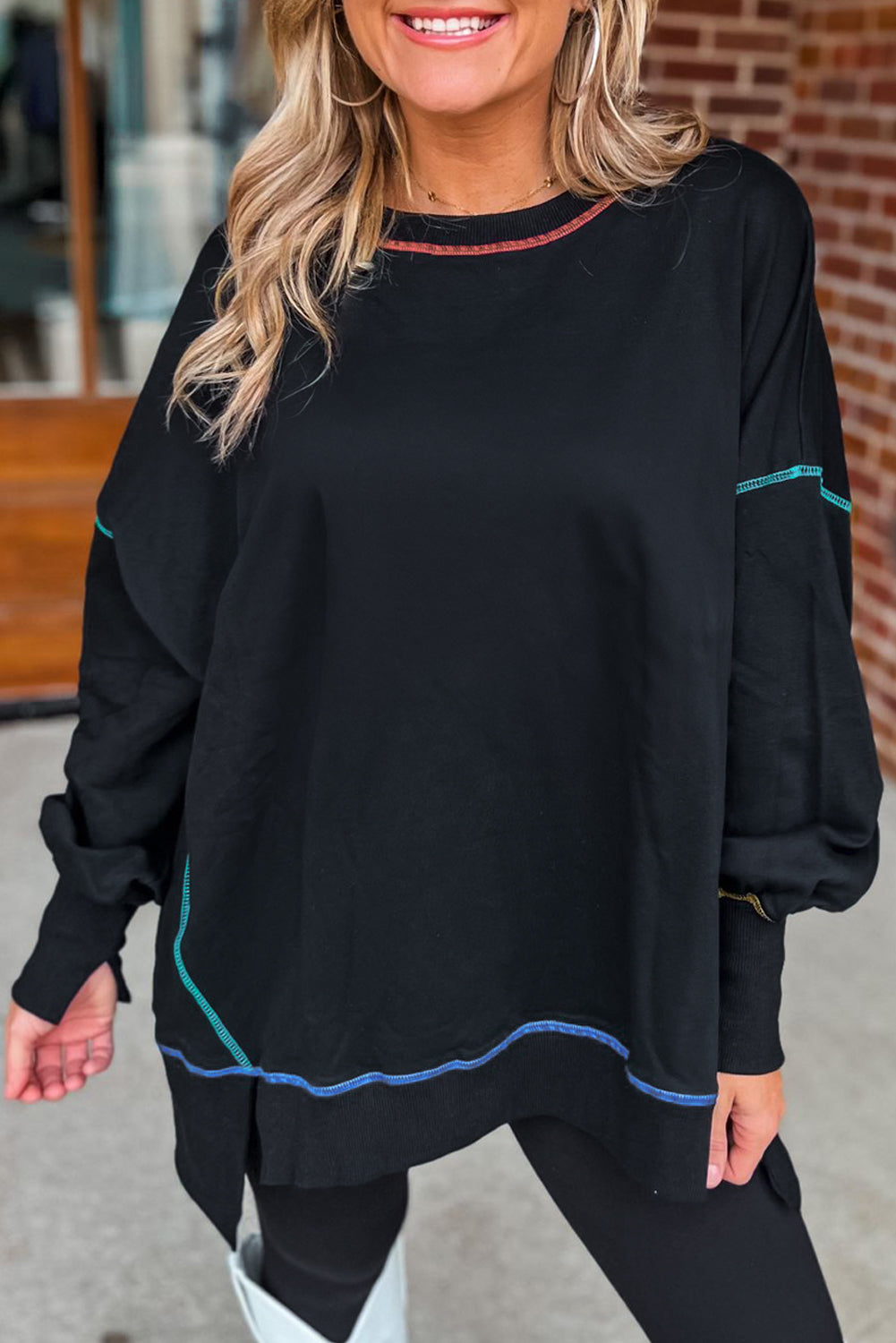 Buy black Slit Round Neck Lantern Sleeve Sweatshirt