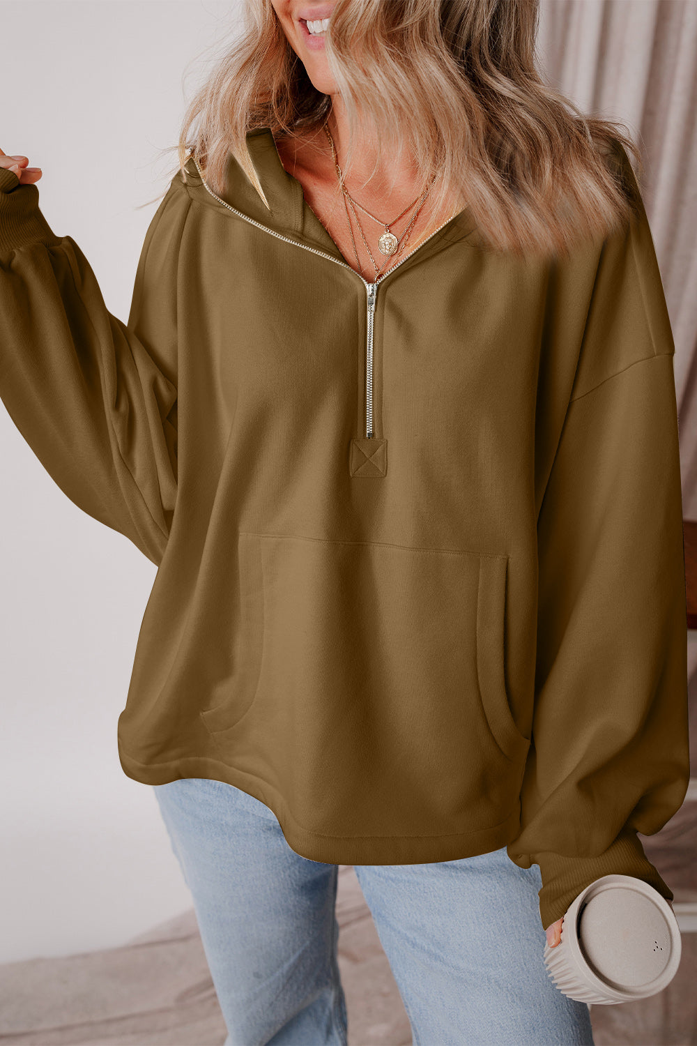 Buy coffee-brown Pocketed Half Zip Dropped Shoulder Hoodie