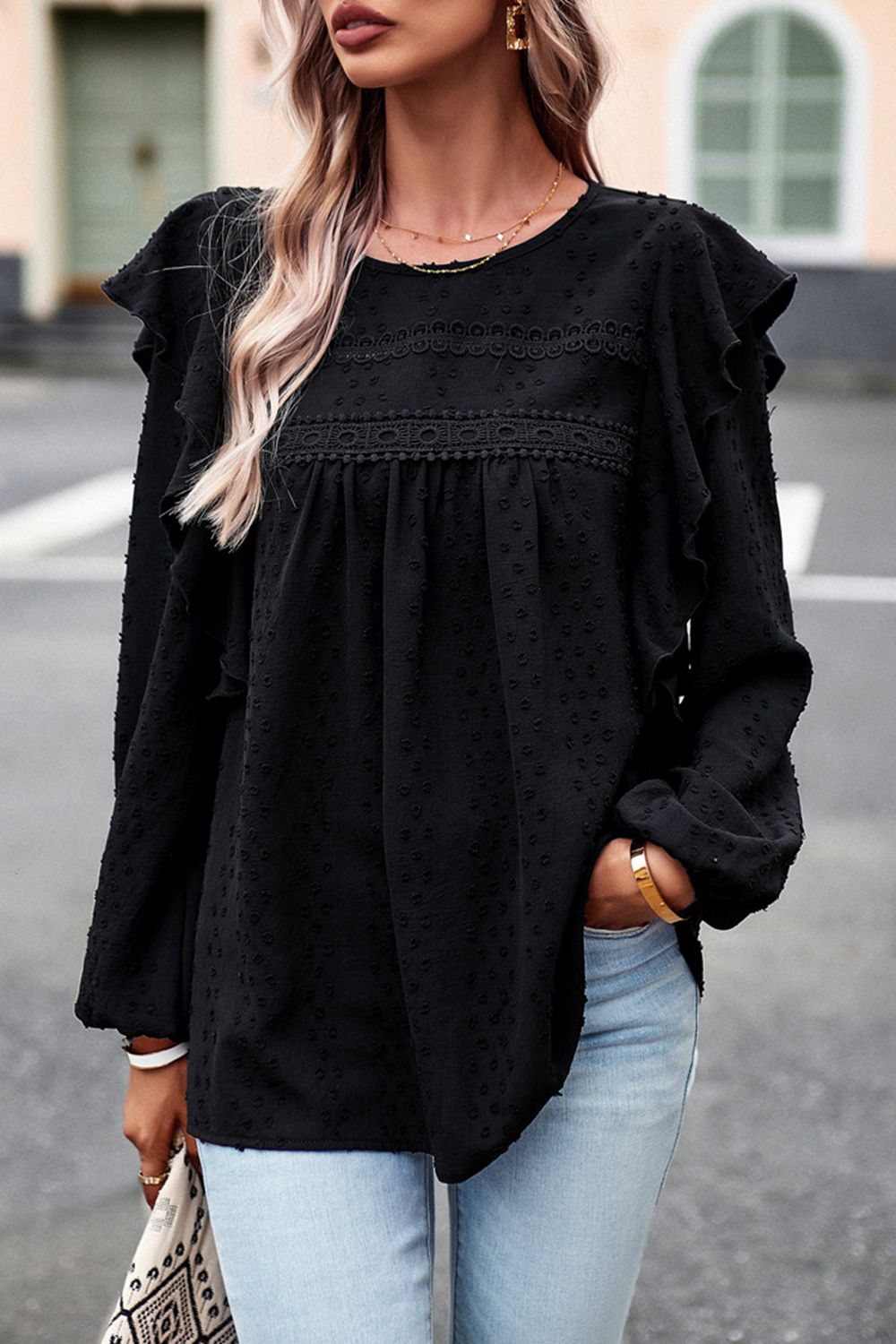 Devine Ruffle Trim Balloon Sleeve Blouse