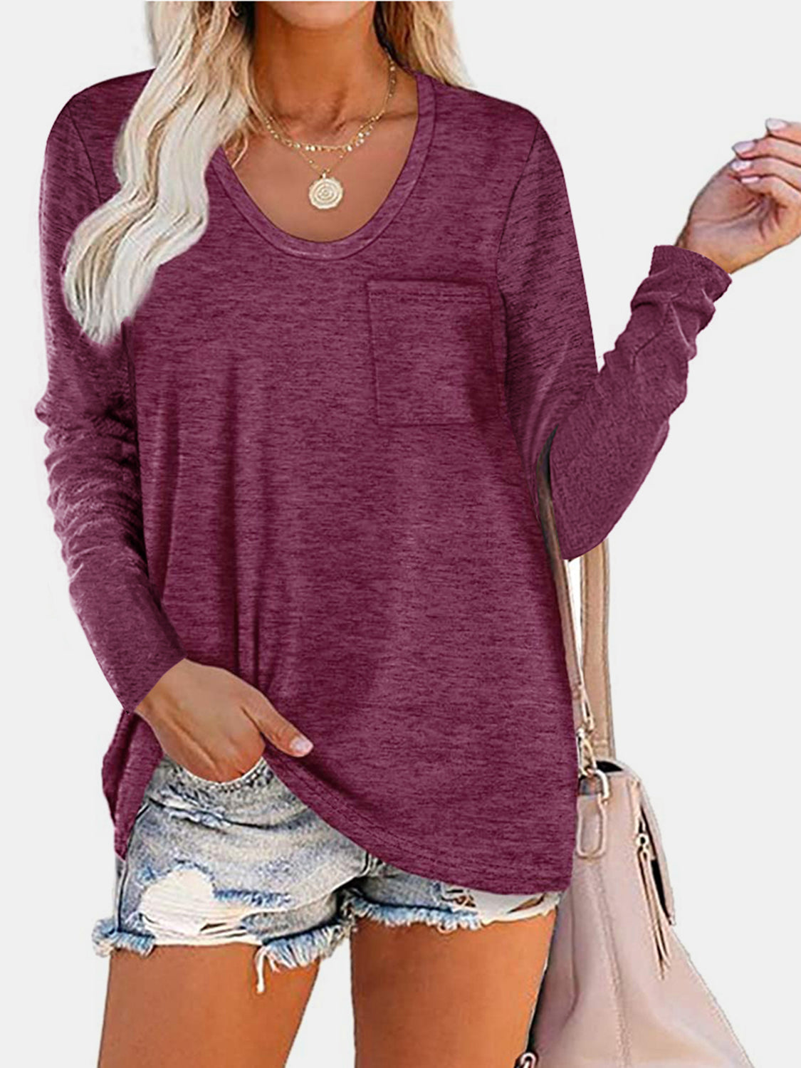 Buy deep-purple Round Neck Long Sleeve T-Shirt