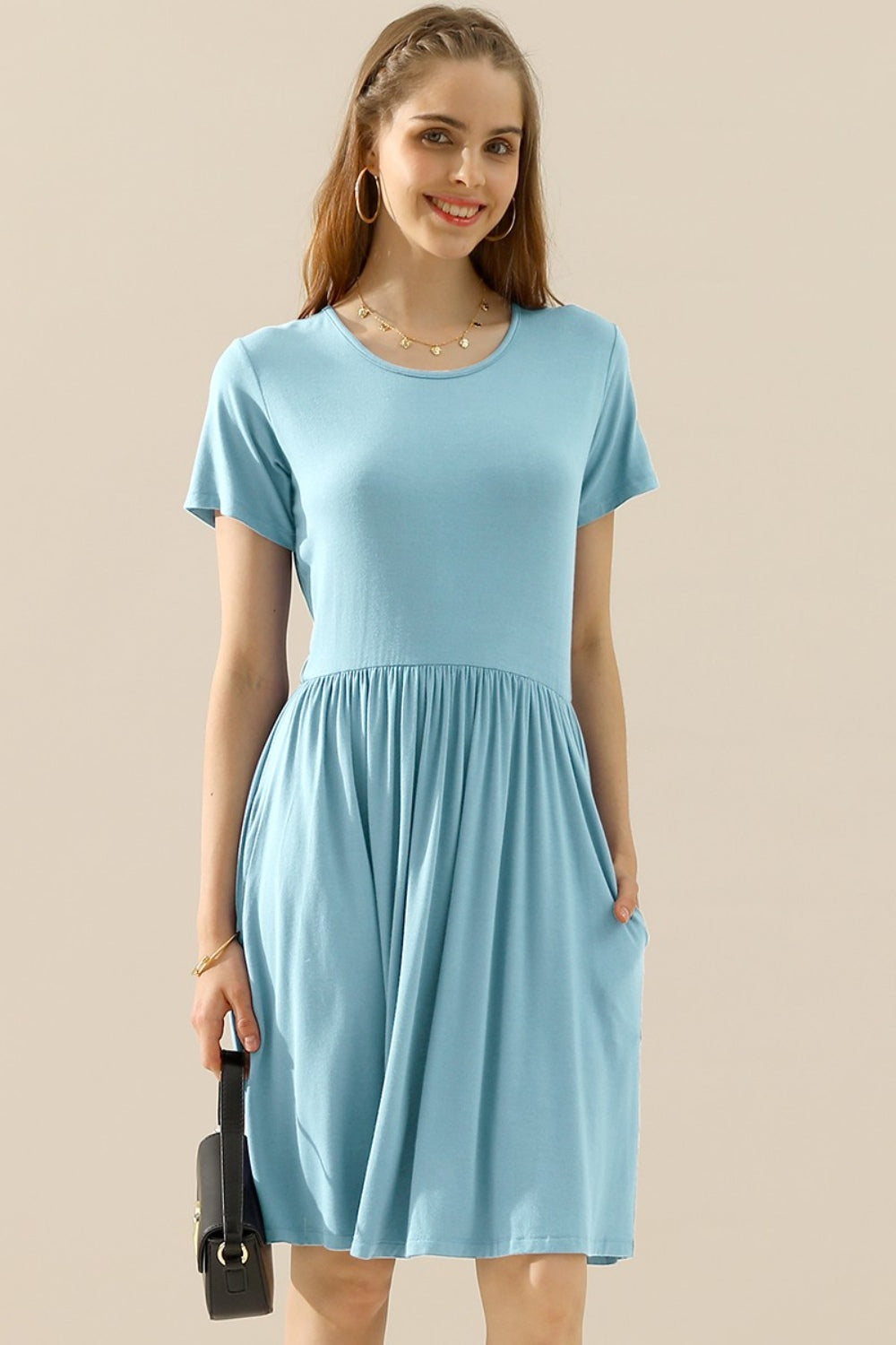 Buy lt-blue Ninexis Full Size Round Neck Ruched Dress with Pockets