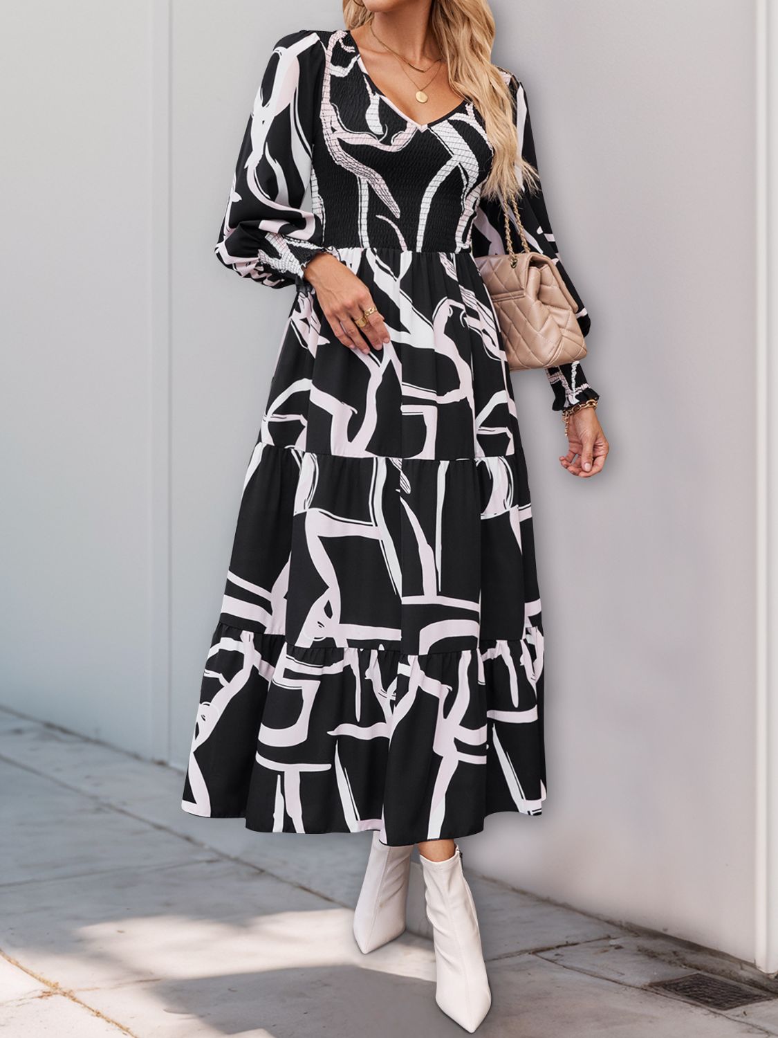 Perfee Smocked Printed Long Sleeve Midi Dress