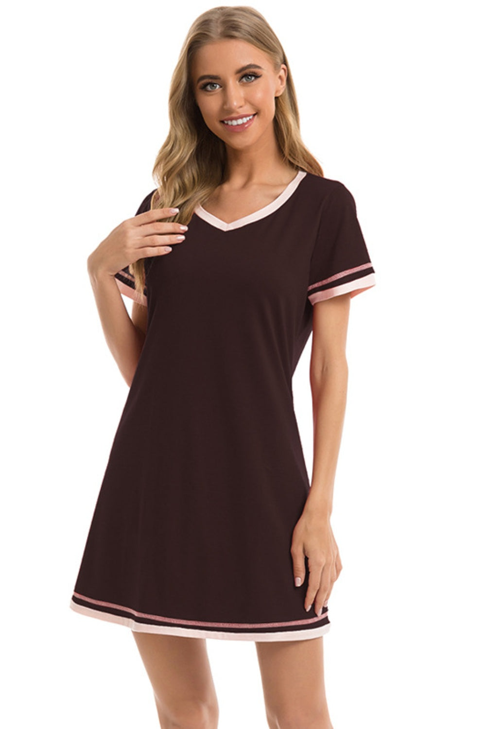 Buy chocolate Contrast Trim Short Sleeve Lounge Dress