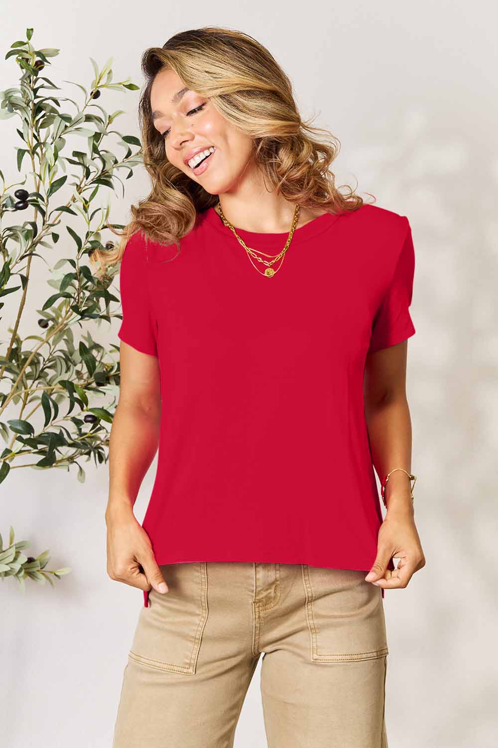 Buy red Basic Bae Full Size Round Neck Short Sleeve T-Shirt