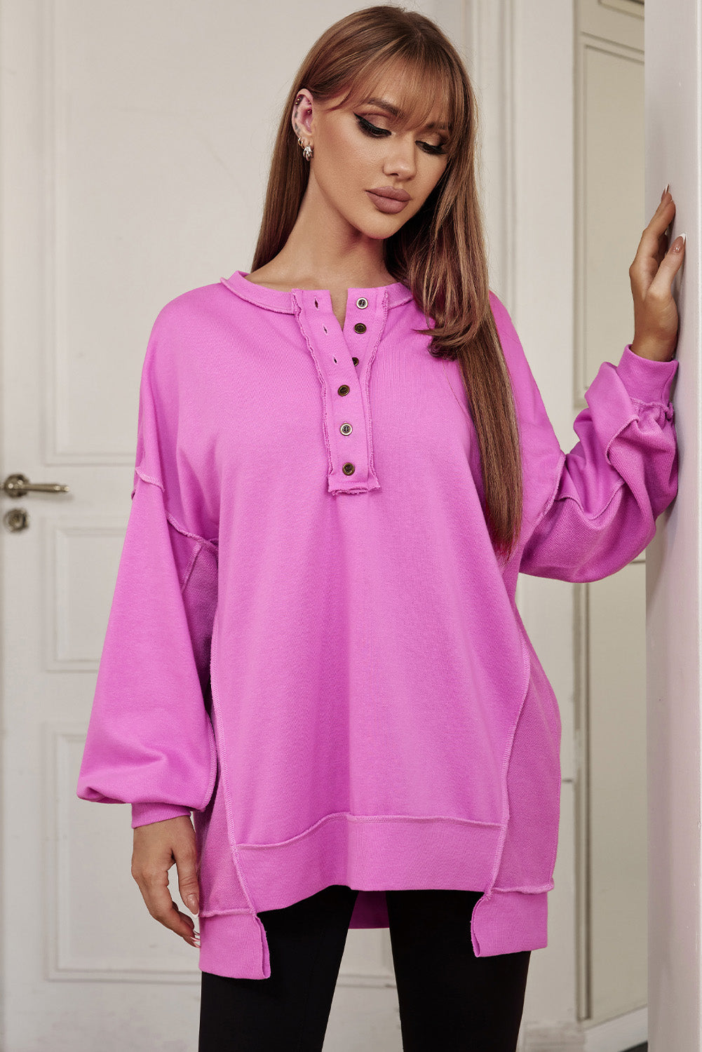 Buy cerise Buttoned Dropped Shoulder Sweatshirt