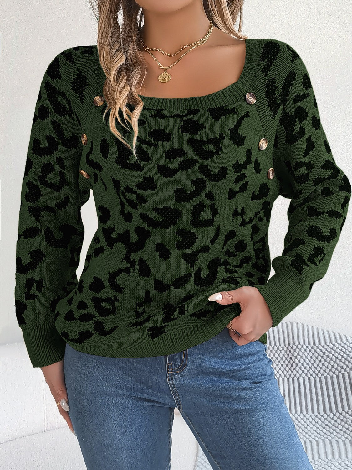 Buy army-green Leopard Buttoned Square Neck Sweater