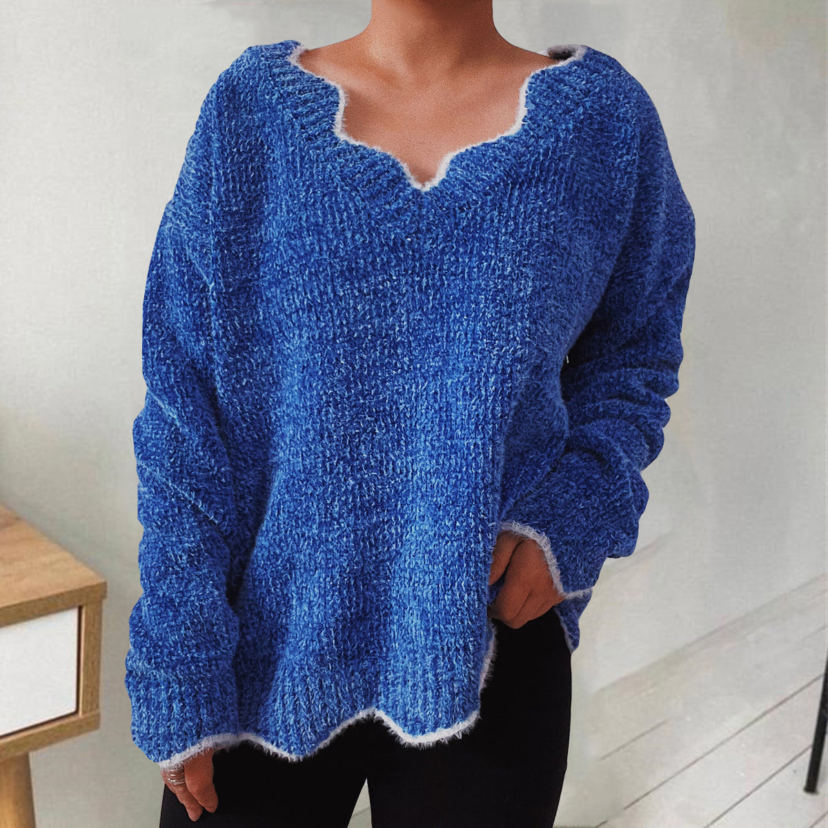 Buy royal-blue V-Neck Drop Shoulder Long Sleeve Sweater