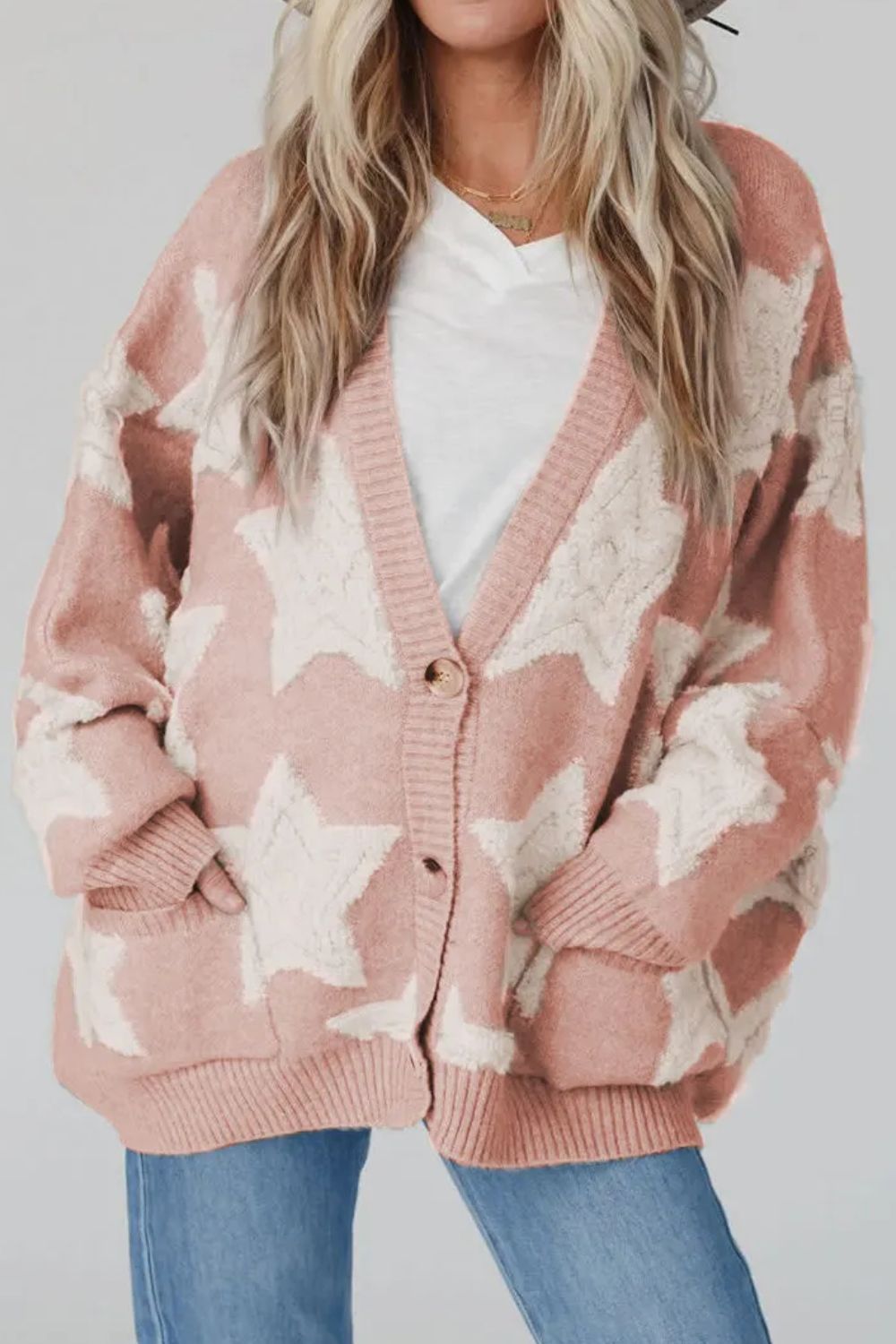 Buy dusty-pink Star Button Up Long Sleeve Cardigan