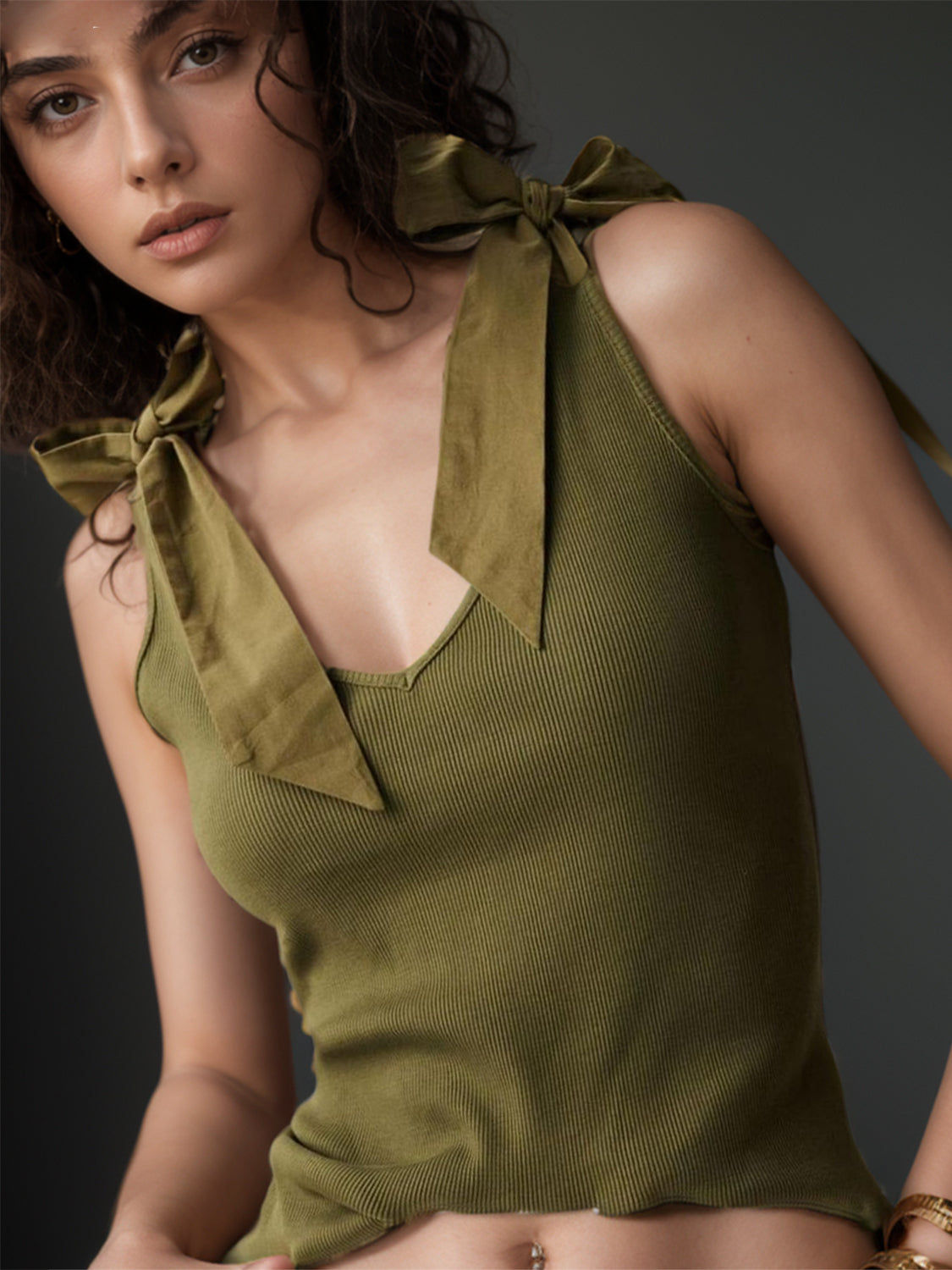 Buy army-green V-Neck Tie Shoulder Tank