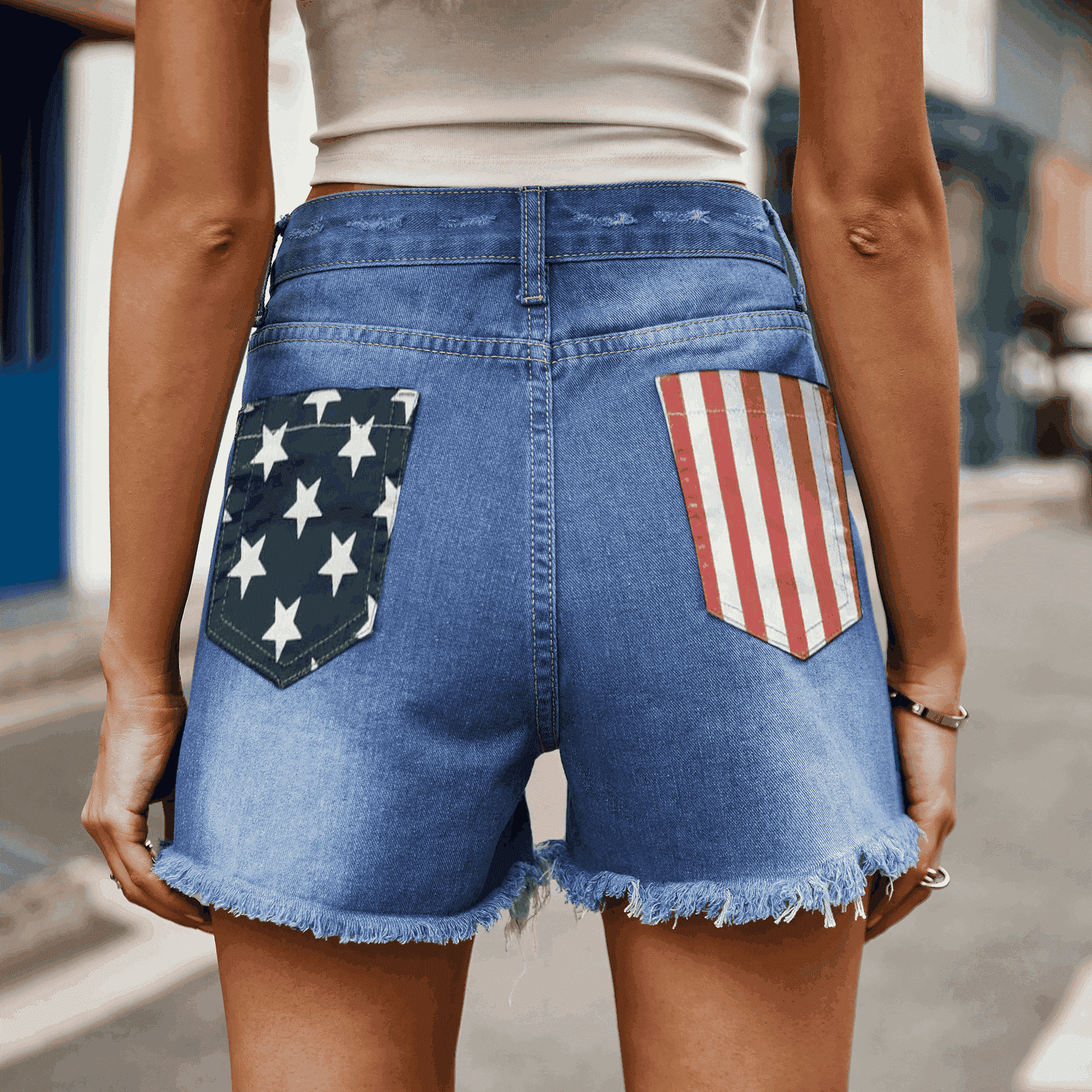 Buy medium US Flag Distressed Denim Shorts