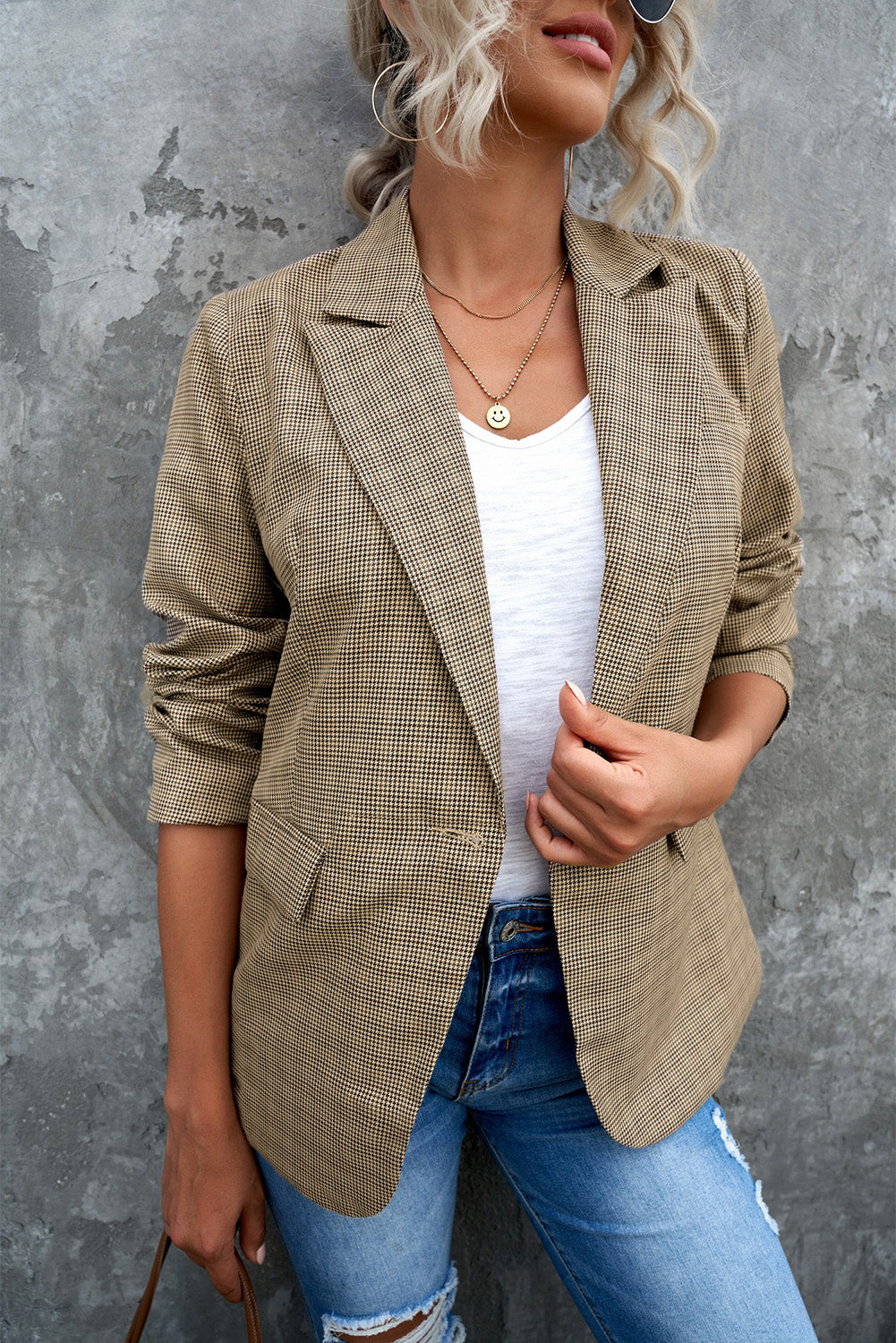 Buy khaki Plaid Lapel Collar Button Cuff Blazer