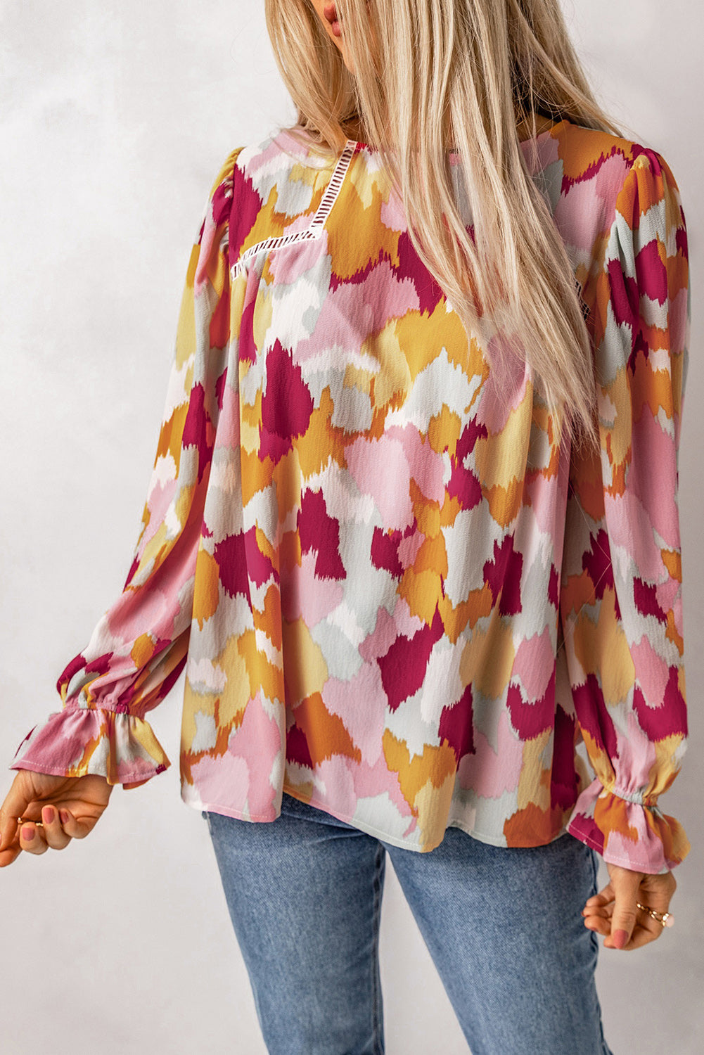 Buy blush-pink Printed Flounce Sleeve Buttoned Blouse