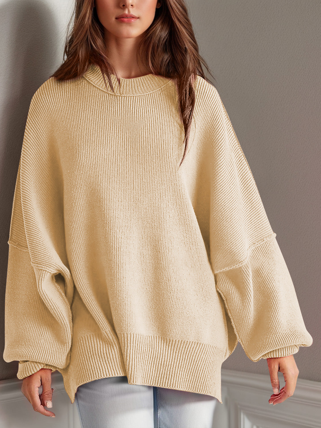 Buy pastel-yellow Double Take Side Slit Round Neck Long Sleeve Sweater