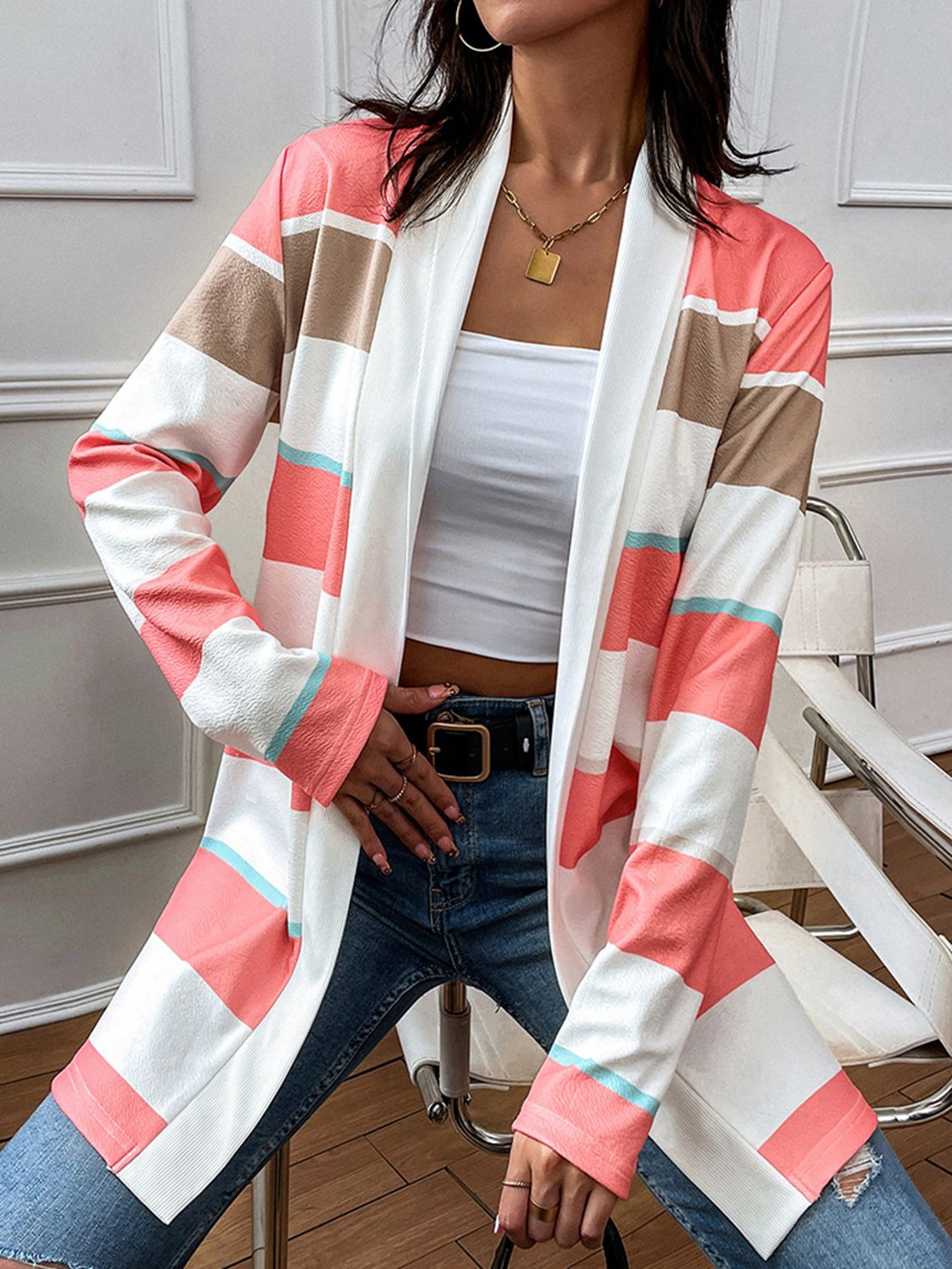 Shiny Striped Open Front Longline Cardigan