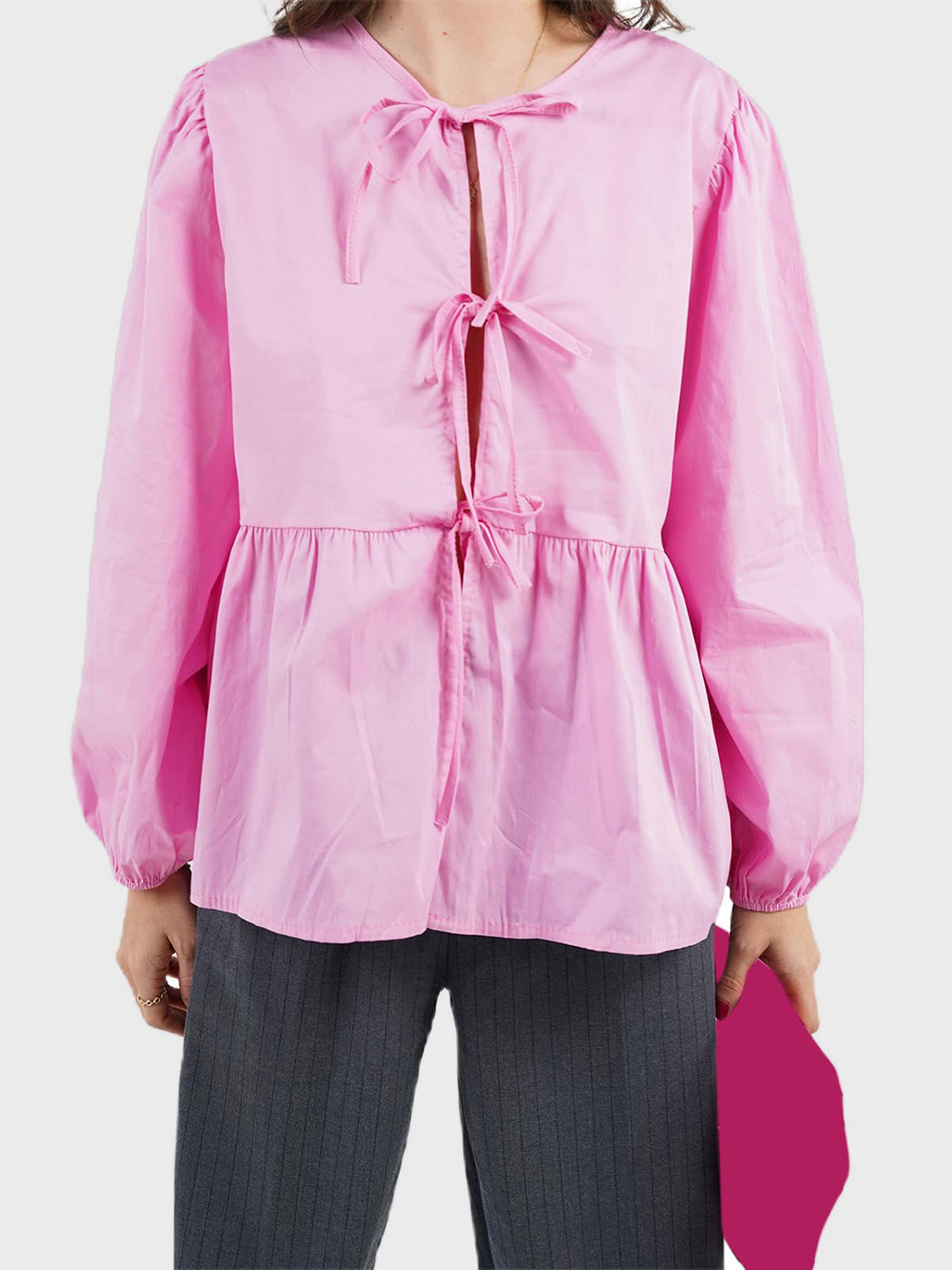 Buy blush-pink Tied Round Neck Long Sleeve Blouse